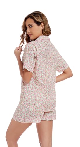 Image of LUBOT 100% Cotton Pajamas for Women 2 Piece PJ Set Poplin Woven Lightweight Ladies Button Short Sleeve Sleepwear S-XXL