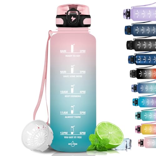 Grsta Botella agua   1500ML   Botella de Agua Deportiva, Cantimplora Gimnasio, a Prueba de Fugas y no BPA, Cantimplora Gym Motivacional con Sello de Tiempo para Escuela, Camping, Ciclismo