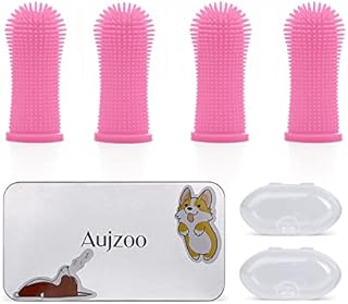 Aujzoo Dog Toothbrush Set (4 Packs), 360º Pets Teeth Cleaning Toothbrush for Dogs Cats Dental Care , Silicone Finger Teeth Brush