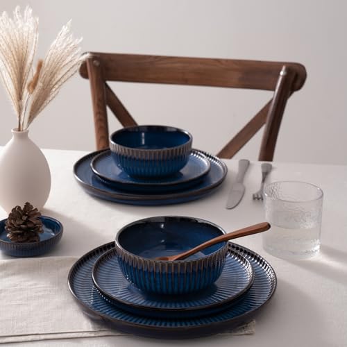 Image of Famiware Starlight 12-Piece Plates and Bowls Sets for 4, Stoneware Dinnerware with Ribbed Textured, Handcrafted Reactive Glaze Dishes - Dishwasher & Microwave Safe, Chip /Scratch Resistant, Starry Blue