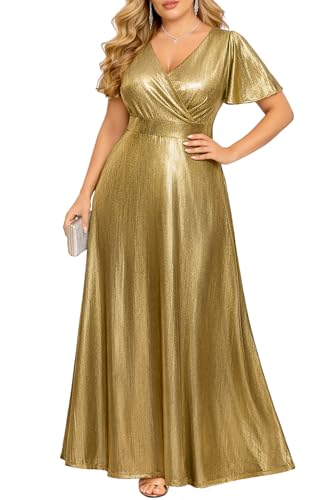 Pinup Fashion Plus Size Gold Dress Women Formal Evening Gowns Prom Luxury Metallic Short Sleeve Long Elegant Dress 14W