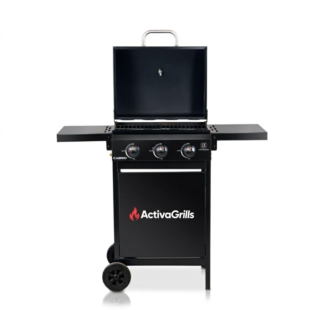 ACTIVA Action grill gazowy na kółkach, 3 palniki, każdy 2,7 kW, czarny, chromowany ruszt