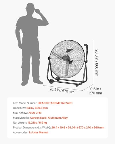Image of VEVOR Industrial Shop Fan, 24 Inch Floor Drum Fan, High Velocity 7500 CFM, Heavy Duty Aluminum Blades, 3 Speeds, 360 Degree Tilt, Ideal for Commercial, Garage, Warehouse, Basement, Workshop, Black