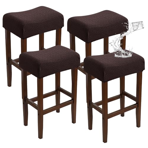 Image of Waterproof Brown Bar Stool Covers Set of 4 Rectangle 18x14 in Jacquard Stretchable Backless Barstool Seat Cover Counter Bar Stool Slipcovers Washable