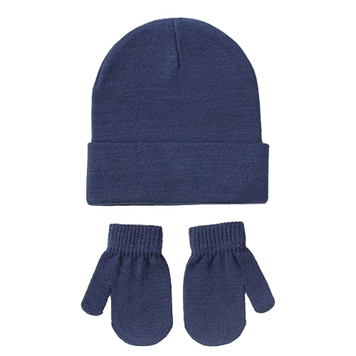 Mittens Gloves Beanie Hat Set for Kids Baby Toddler, Winter Cute Soft Thick Warm Knit Pullover Cap Set for Boys Girls (Navy Blue)