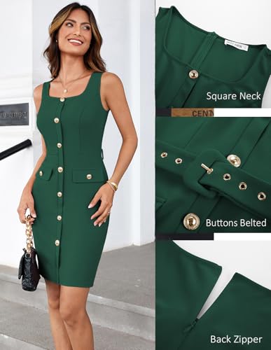 Image of GRACE KARIN 2025 Women's Buttons Belted Square Neck Business Work Dress Sleeveless Bodycon Midi Dress