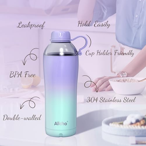 Image of Allcho Insulated Water Bottle for Women, 18oz Stainless Steel Leak Proof Tumbler with 2 Lids, BPA-Free Tritan Chug & Straw Lid, Double Wall Vacuum Flask