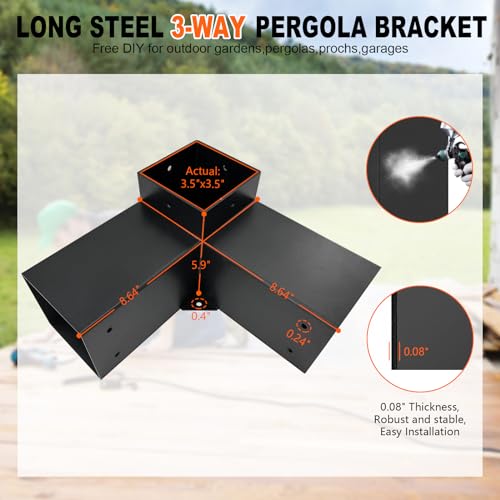 Image of 3-Way Pergola Brackets Kit, DIY Right Corner Woodwork Brackets for 4 inch x 4 inch (Actual:3.5 inch x 3.5 inch) Lumber for Patio Pergolas, Gazebos, Log Cabin W /Hardware (2 Pack)