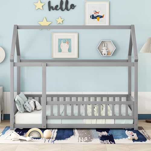 Bellemave Twin Size House Floor Bed Frame,Wooden Montessori Floor Bed with Fence for Kids,Twin Size Kids Bed,Gray