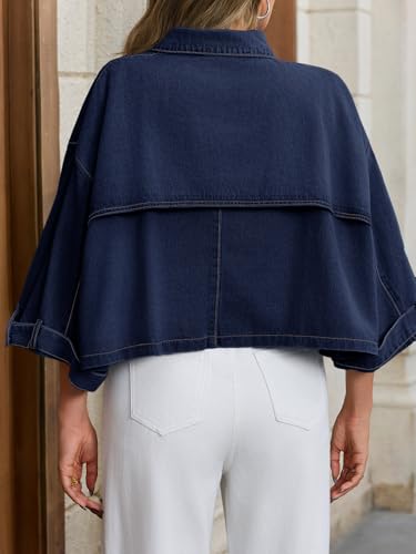 Tankaneo Womens Cropped Denim Jackets Casual Button Down Jean Shirt Shacket Loose 3/4 Sleeve Coat with Pockets4