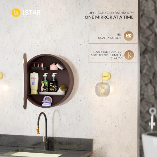 Image of iSTAR Round Wall Mirror with Storage Shelf | Bathroom Vanity Mirror with Hidden Storage Cabinet | Wall Mounted Decorative Mirror for Bathroom, Bedroom, Living Room (Brown)