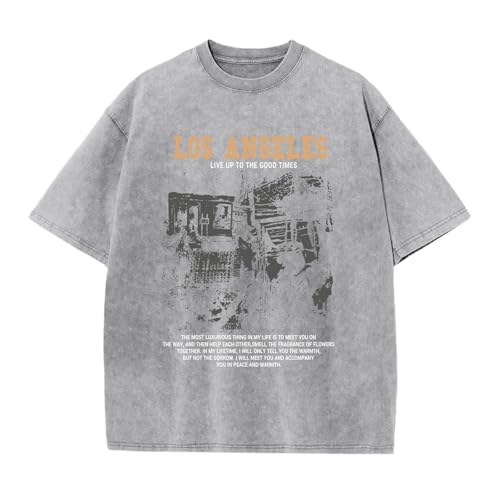 Image of Oversized Boys Graphic Tees Acid Wash Los Angeles Tshirt Youth Cotton T Shirt Crewneck Tee Kids Short Sleeve Tops