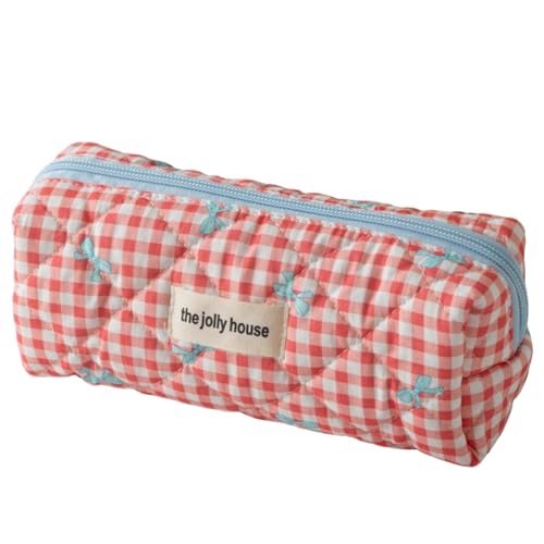 Image of Carry bloom Pencil Pouch Cute Pencil Case for Girls Aesthetic Pencil Bag with Zipper Pen Cases School Supplies Makeup Bag (Checkered bow red)