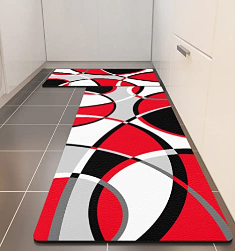 Red Grey Black White Abstract Art Kitchen Rugs And Mats Set Of 2 Anti-Fatigue Cushioned Kitchen Floor Mat Non-Slip Backing Washable Kitchen Rugs Set For Home Office Laundry #TOP3