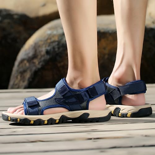 MILDSEVEN Large Size Men's Open-Toe Sandals, Hollow Out Real Leather Hiking Sandals, Fashion Backpacking Beach Shoes,8,Blue3