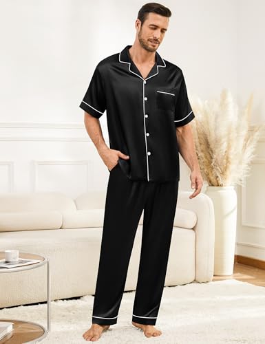 Image of SWOMOG Mens Silk Pajamas Set Satin Pj Set Short Sleeve Sleepwear Button Down Lounge Set with Drawstring & Pockets S-3XL