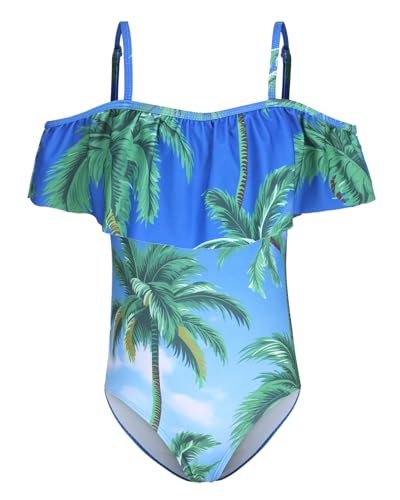 Image of Girls One Piece Swimsuits Off Shoulder Bathing Suit Kids Hawaiian Floral Swimwear 3-16 Years