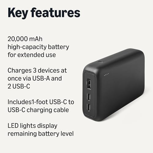 Image of Amazon Basics High-Capacity Portable Charger Power Bank with 3-Port Output, 20,000 mAh, Black