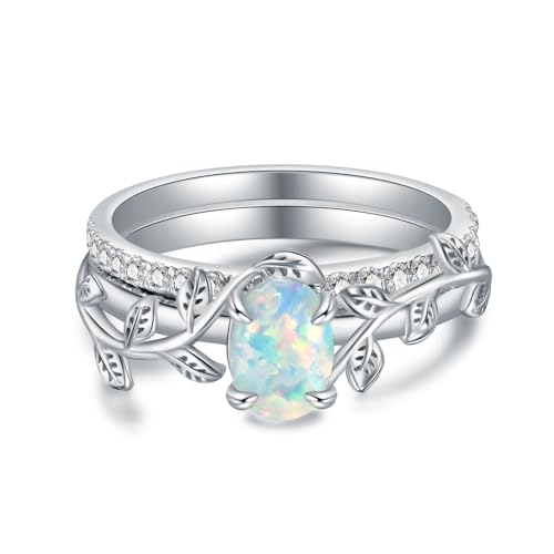 Genuine Opal Engagement Ring for Women,1ct Leaf Oval Opal Ring Set in 925 Sterling Silver with Cubic Zirconia Wedding Valentine's Day Dainty Promise Ring For Her