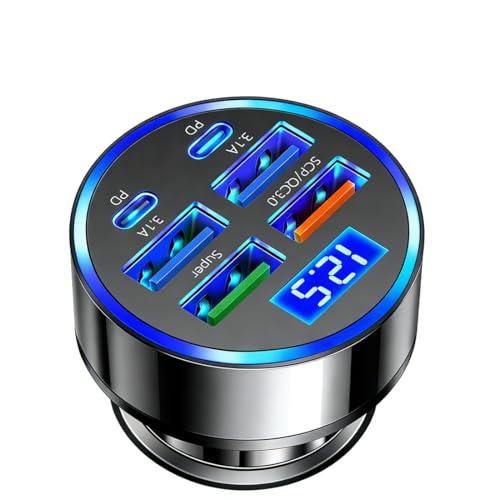 Alanph 6-in-1 Multi-Port Car Charger with Voltage Detection, 2PD+3USB+QC3.0 Fast Charge Cigarette Lighter Plug Adapter Compatible with...