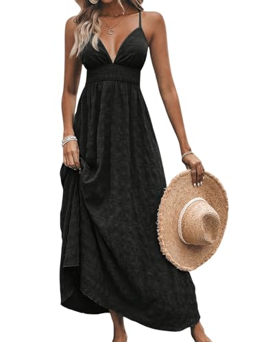 Image of Milumia Women's Backless Long Summer Dress A Line Flowy Maxi Sundress | Spaghetti Strap,Deep V Neck,Somcked Waist,Beach & Wedding Guest,Sleeveless