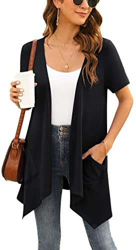 Yommay Strickjacken für Damen Elegant Solide Kurzen Ärmel Strickjacke Casual Sommer Leichter Lockere Cardigan mit Taschen,Schwarz,Groß Yommay Strickjacken für Damen Elegant Solide Kurzen Ärmel Strickjacke Casual Sommer Leichter Lockere Cardigan mit Taschen,Schwarz,Groß