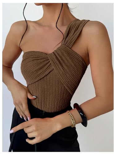 OYOANGLE Women's Textured One Shoulder Twist Front Ruched Bodysuit Sleeveless Tank Top Body Suits4