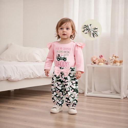 Fall Outfit Newborn Baby Girl Clothes Ruffle Long Sleeve Romper Camouflage Pants Headband Hunting Clothes2