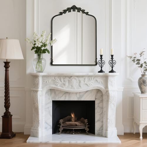 Image of WallBeyond Black Antique Mirror for Vanity 28x36 Inch, Black Vintage Mirror with Ornate Frame, Arched Vintage Wall for Bathroom, Living Room, Fireplace