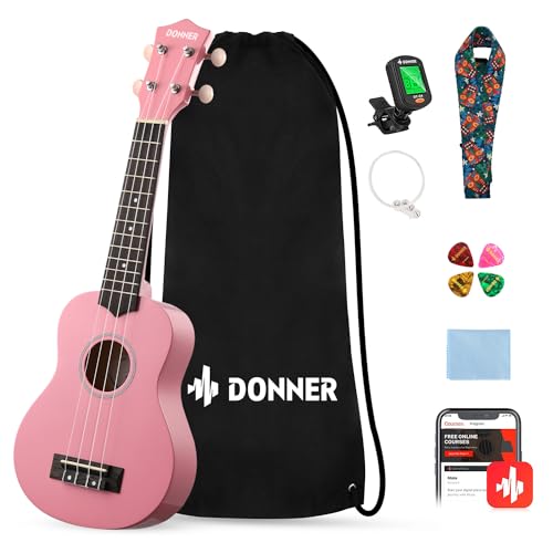 Donner Soprano Ukulele for Beginners 21 Inch Ukelele Starter Bundle Kit with Free Online Lessons Bag Strap String Tuner Picks Cloth Ukalalee Yukalalee (Pink)