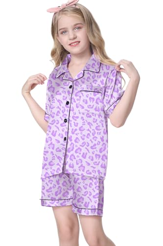 Image of Umeyda Women & Girls Pajamas Set, Soft Satin Lightweight Silk Button-Down Top with Shorts 2 Piece PJS for Mom Boys Kids Gifts
