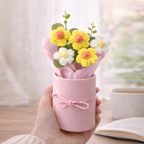 Image of Artificial Crochet Flower Bouquet Handmade Cotton Flowers Bunch for Home Decor, Gift for Girls, Wedding, Festival Decoration, Long Lasting Floral Arrangement (Flower Pot (Yellow))