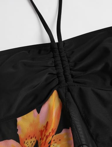 Image of ZAFUL Women 3 Piece Bikini with Cover Up Skirt Halter Bandeau Swimsuit Floral Tie Side Cheeky Bathing Suit