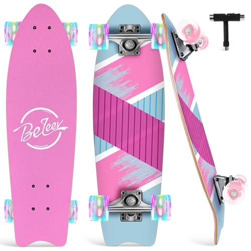 BELEEV Cruiser Skateboards for Beginners, 27 x 8 inch Complete Skateboard for Kids Teens Adults, 7 Ply Canadian Maple Double Kick Deck Concave Skateboard with Skate T-Tool (Light Pink)