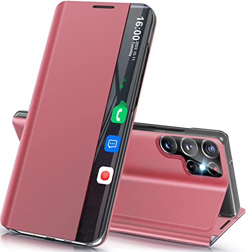 for Samsung Galaxy S22 Ultra 5G Case Clear View Window Slim for Samsung S22 Ultra Case Luxury Mirror Hard PC Kickstand Leather Flip Shockproof Galaxy S22 Ultra Cover (True Red)