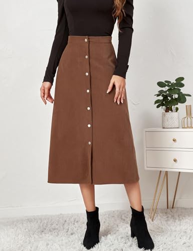 IDEALSANXUN Corduroy Skirt Women Fall Winter Elastic High Waisted Button A Line Vintage Cute Midi Skirts with Slit3