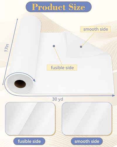 FIVEIZERO Fusible Interfacing for Sewing,17in x 30yd Medium Weight Iron on Non-Woven Interfacing Fabric,Polyester White Single-Sided Sew-in Interfacing for DIY Crafts and Clothing