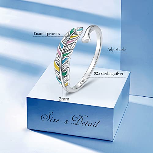 FOREVER QUEEN Open Ring, 925 Sterling Silver Cute Feather Ring Opening Mouth Leaf Ring, Simple Wedding Finger Ring for Women2