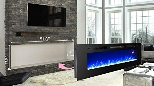 3GPlus 60 Inches Electric Fireplace Wall Recessed Heater Crystal Stone Flame Effect 3 Changeable Color, 2 Remotes, 1500W - Black