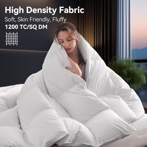 L LOVSOUL 75% Goose Down Fiber Comforter Alaskan King Size, 850+ Fill Power Hotel Style Bedding Comforter, 1200TC, Fluffy Ultra Soft All Season White Duvet Insert with 8 Corner Tabs