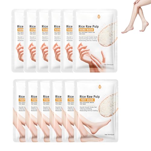 Rice Exfoliating Smooth Foot Mask Mask Set de Mascarilla de Mano con Extracto de Arroz Natural para Hidratación Profunda, Cuida la Piel Seca y agrietada, 6 pares de mascarillas para pies y 6 pares de