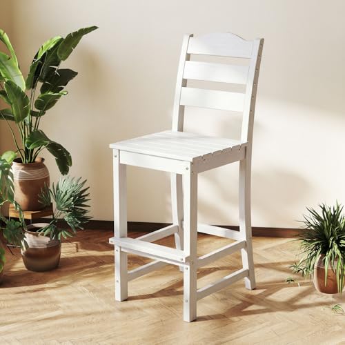 Image of Tangkula Patio HDPE Barstool, Outdoor High Top Bar Chair w /Backrest & Footrest, All-Weather Wood-Plastic Bar Height Chair for Poolside, Backyard, Porch (4, White)