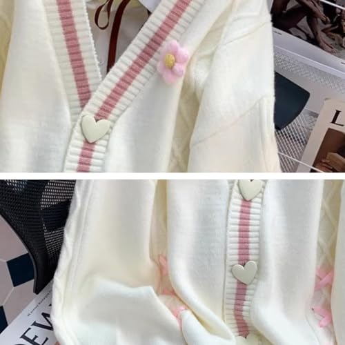 FindThy Women’s Cute Sweet Cardigan Sweater Kawaii Love Button Long Sleeve V-Neck Bowknot Knitted Outerwear4