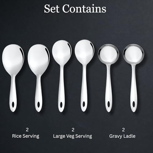 Image of Montavo by FnS 6 Pieces Stainless Steel Serving Spoon Set, 2 Rice Servers, 2 Gravy Ladles, 2 Vegetable Serving Spoons, Mirror Finish Food Grade Serving Cutlery for Home, Kitchen & Dining