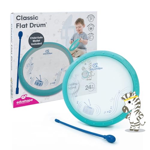 Edushape Classic Flat Drum for Baby with Easy-Grip Mallet - Set of 1 Blue Color Baby Drum Toy for Toddlers, 2-Year Old and Up - Small Drums Musical...