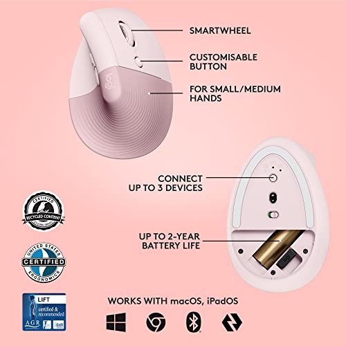 Image of (Refurbished) Logitech Lift Vertical Ergonomic Mouse, Wireless, Bluetooth or Logi Bolt USB Receiver, Quiet clicks, 4 Buttons, Compatible with Windows /macOS /iPadOS, Laptop, PC - Rose