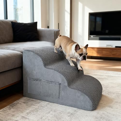3-stufige Hundetreppe für Kleine Hunde mit Waschbarer Hülle, 2 Aufbewahrungstaschen & Tragegriff - Hochdichte Schaumstoffstufen, Rutschfester Bezug - Grau