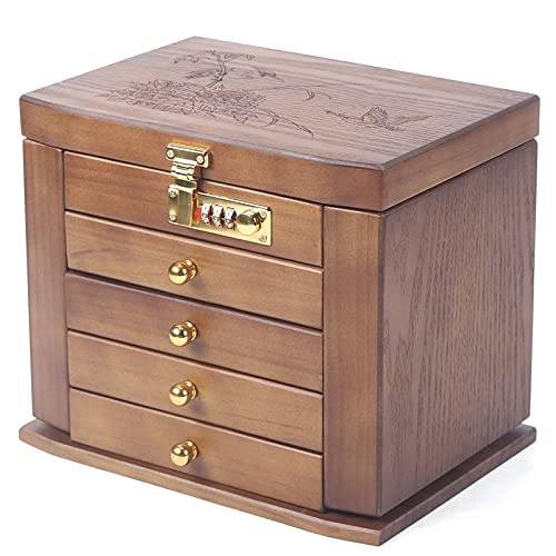 LENJKYYO Boîte de rangement 5 couches en bois pour bijoux en bois avec cadenas combiné pour bijoux, bagues, colliers et montres Boîte à bijoux avec cadenas miroir Cover