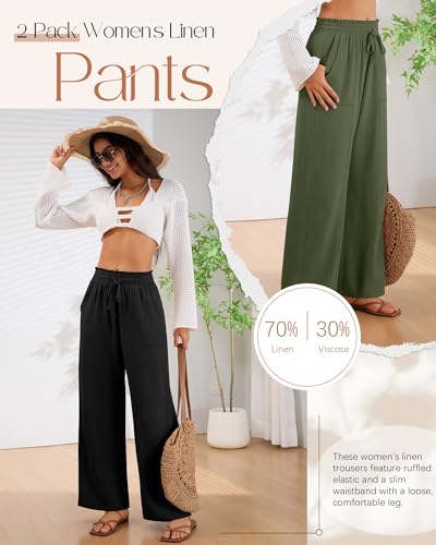 2 Pack Women's Linen Pants Summer Wide Leg Drawstring Elastic Waist Pant Casual Loose Fit Beach Trousers with Pockets(Army Green, Black,Medium)2