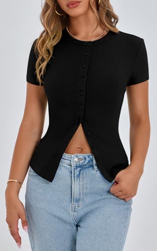 PRETTYGARDEN Women's Short Sleeve Summer Tops 2025 Trendy Ribbed Knit Button Up Tight Basic Tees Shirts Going Out Y2K Clothes2